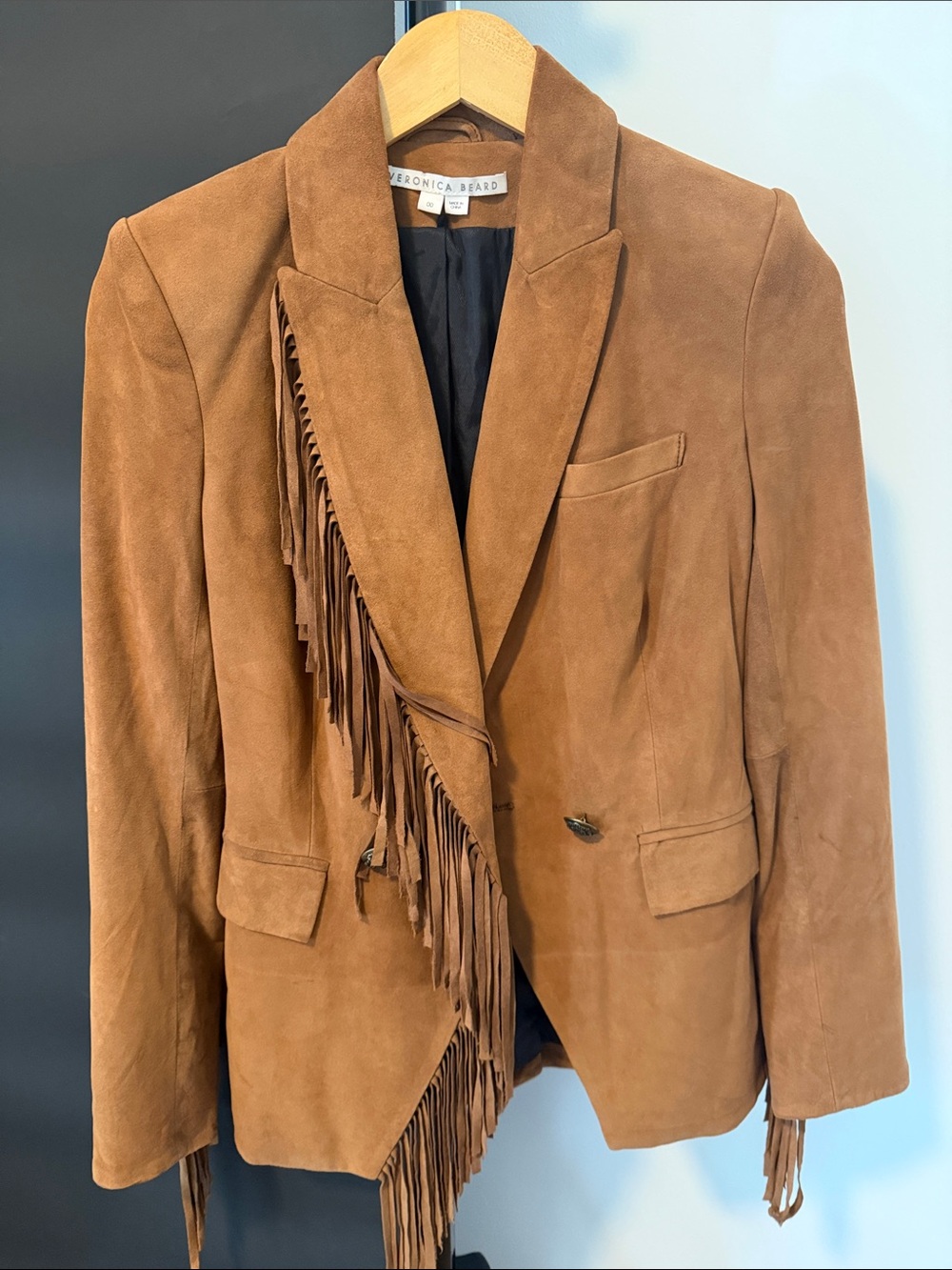 Veronica Beard Cognac Suede Fringe Blazer